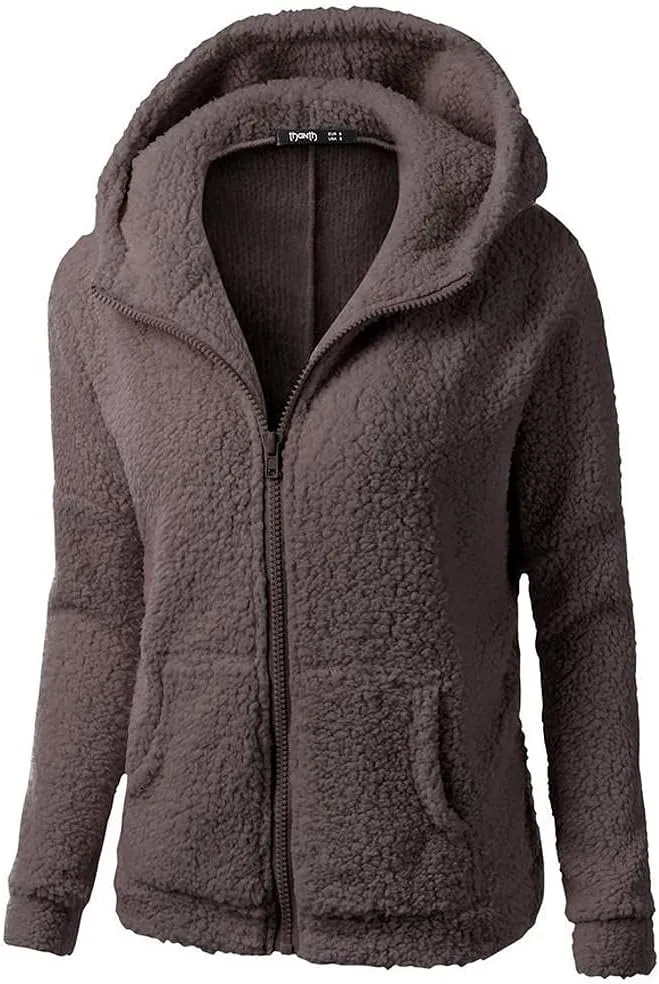 XUETON Womens Winter Warm Fleece Hoodie Jacket Coat Sherpa Lined Faux Fuzzy Long Sleeve Casual Zip Up Hooded Bomber Coat Coffee