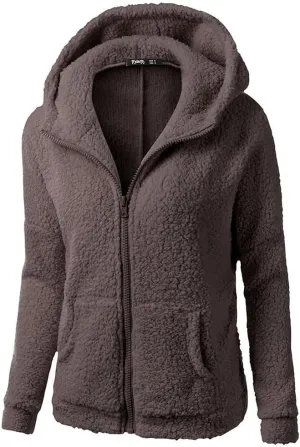 XUETON Womens Winter Warm Fleece Hoodie Jacket Coat Sherpa Lined Faux Fuzzy Long Sleeve Casual Zip Up Hooded Bomber Coat Coffee