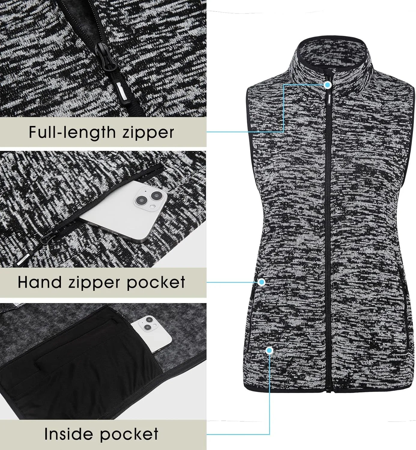 Zip Up Womens Vest with Zipper Pockets Athletic Sweater Fleece Vest Sleeveless Sweater Jacket